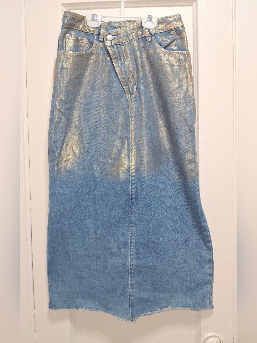 SHEIN BAE Denim Midi Skirt Size 28 Metallic Gold Finish New with Tag